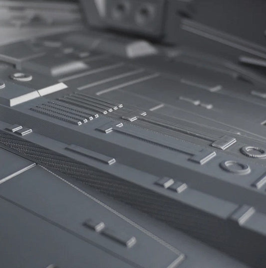 Close-up of printed parts for TIE Fighter model kit