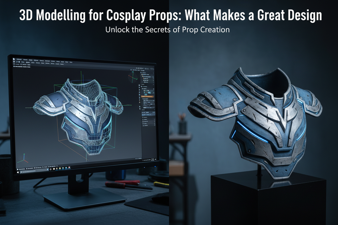 CAD 3D model of a cosplay prop alongside the finished 3D printed version, showing the design process at 3DCre8Design