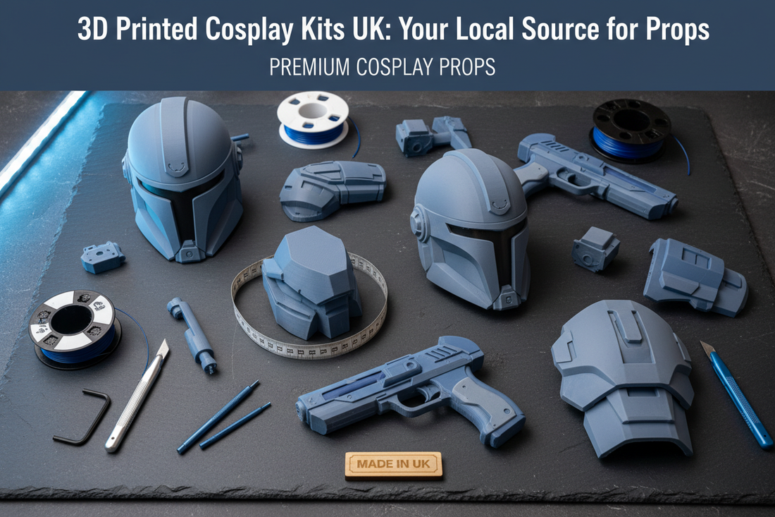 3D printed cosplay prop kits made in the UK by 3DCre8Design, including sci-fi blasters and fantasy weapons