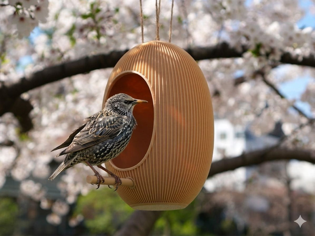 Japandi bird feeder mounted on a wall