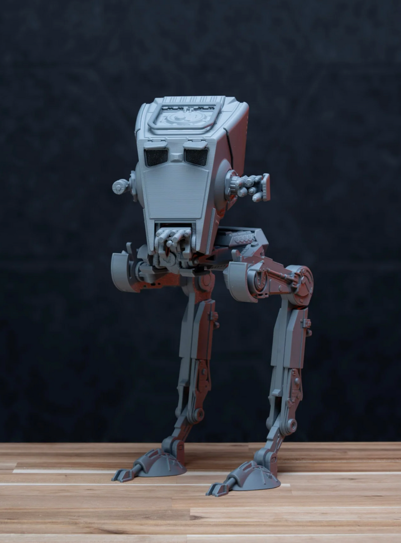 AT-ST Walker 3D printed no-glue model kit assembled and displayed, a push-fit build from 3DCre8Design