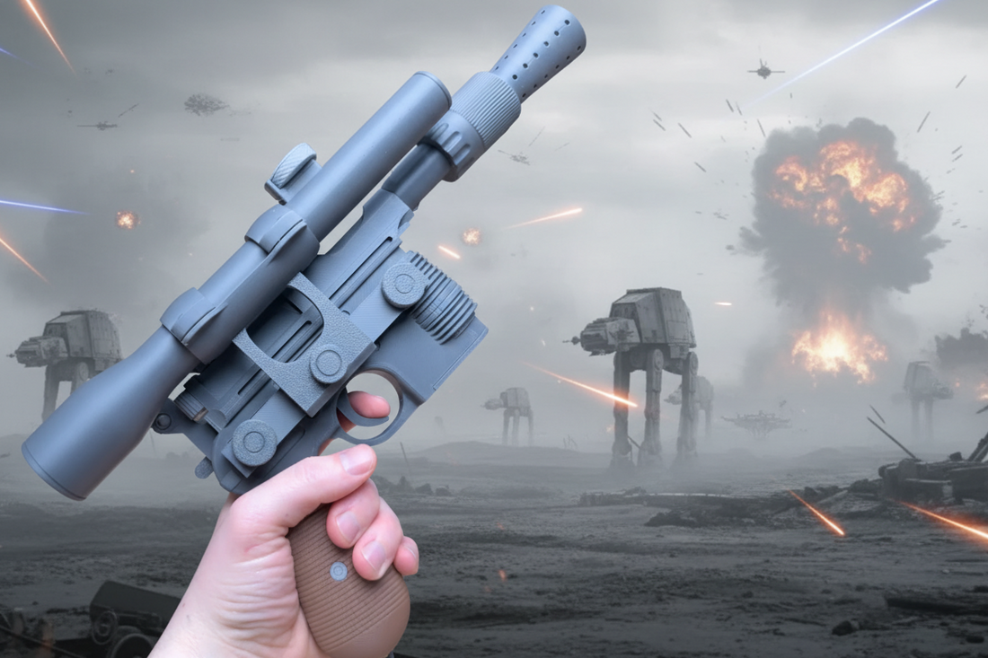3D printed DL-44 blaster prop inspired by Han Solo, one of six 3D printed Star Wars blaster cosplay props compared in this buying guide