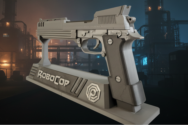 3D printed push-fit cosplay prop kit assembled and displayed against a RoboCop-style backdrop, no glue required
