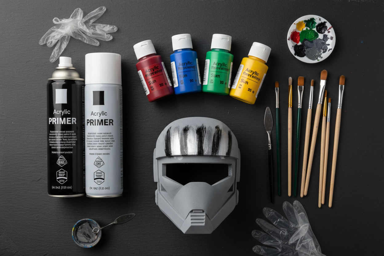 Acrylic paints, spray cans, and brushes for painting 3D printed PLA+ prop kits — prop finishing guide by 3DCre8Design