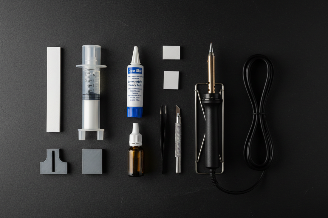 Bonding options for 3D printed PLA+ prop kits — super glue, two-part epoxy, solvent cement and soldering iron laid out on a workshop surface, as recommended by 3DCre8Design