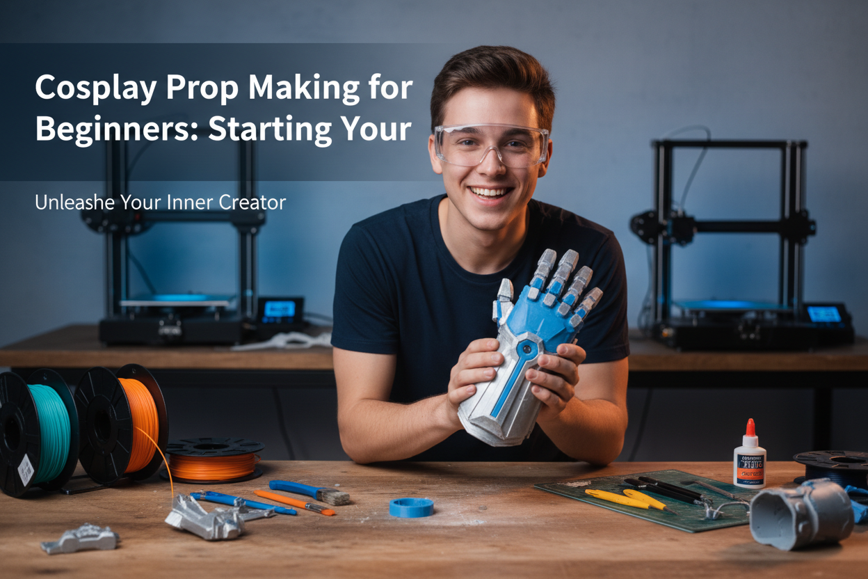 A beginner holding their first completed 3D printed cosplay prop kit in a UK workshop setting, surrounded by tools and PLA+ filament spools by 3DCre8Design