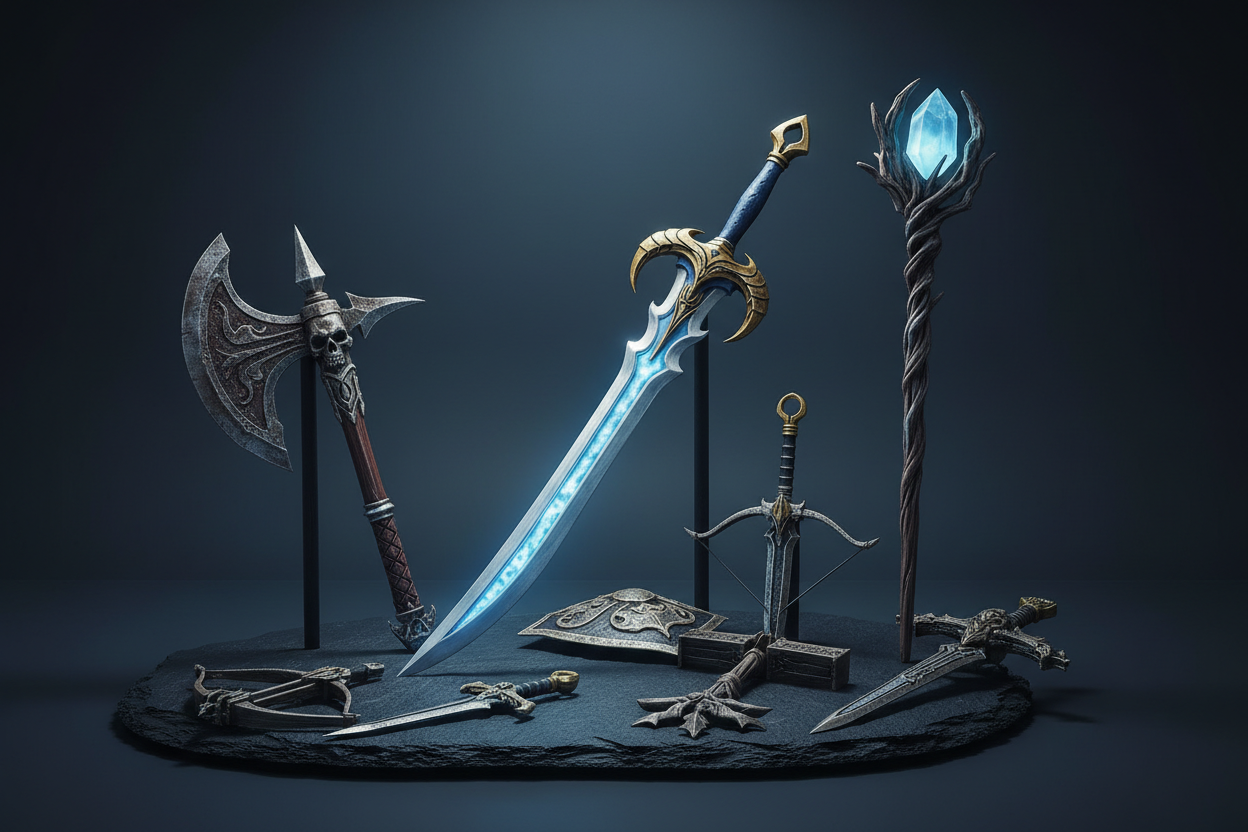 3D printed fantasy prop weapon kits including swords, axes and staffs displayed on a dark surface