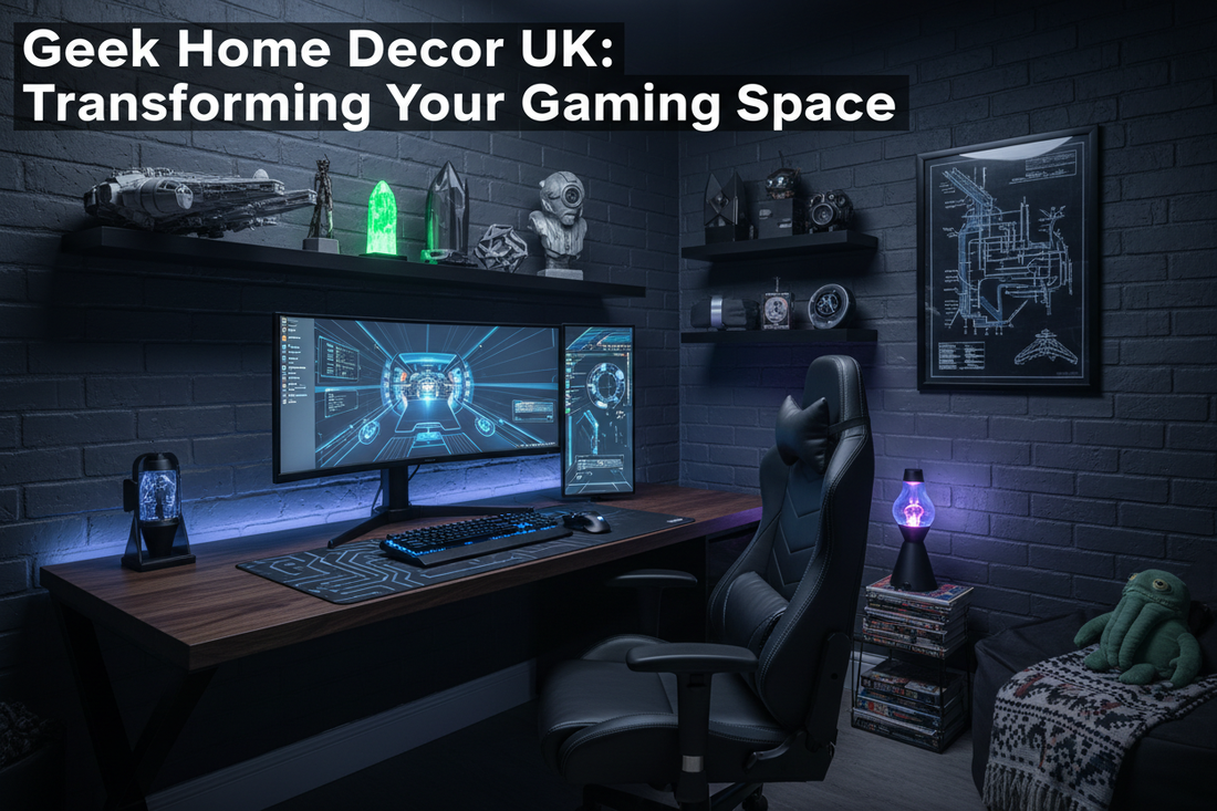 A stylish gaming room featuring 3D printed sci-fi collectibles and geek home decor pieces on shelves, with dramatic blue-gray lighting by 3DCre8Design UK
