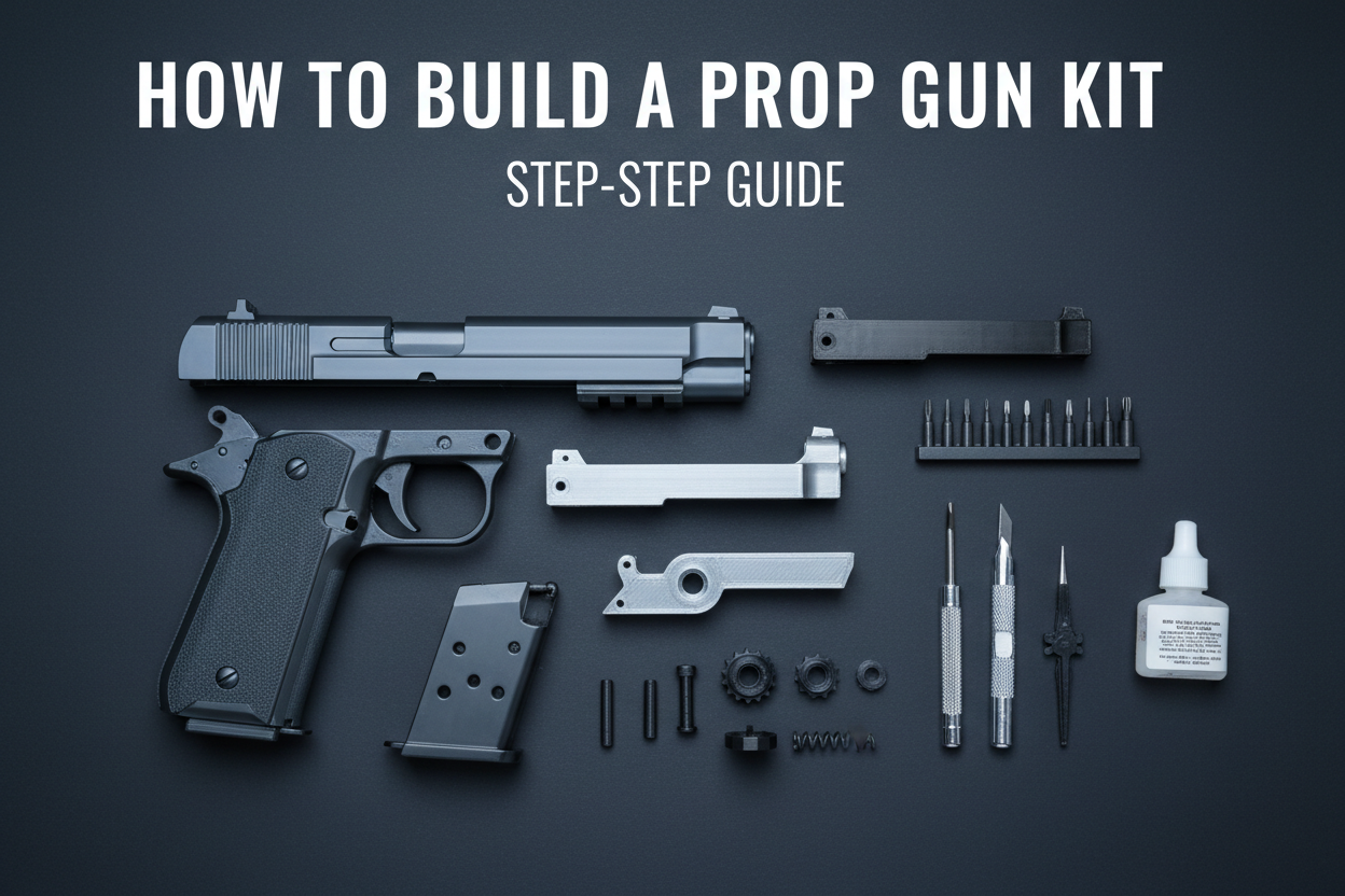 Flat lay of 3D printed prop gun kit components arranged on a dark surface with assembly tools, ready to build, by 3DCre8Design UK