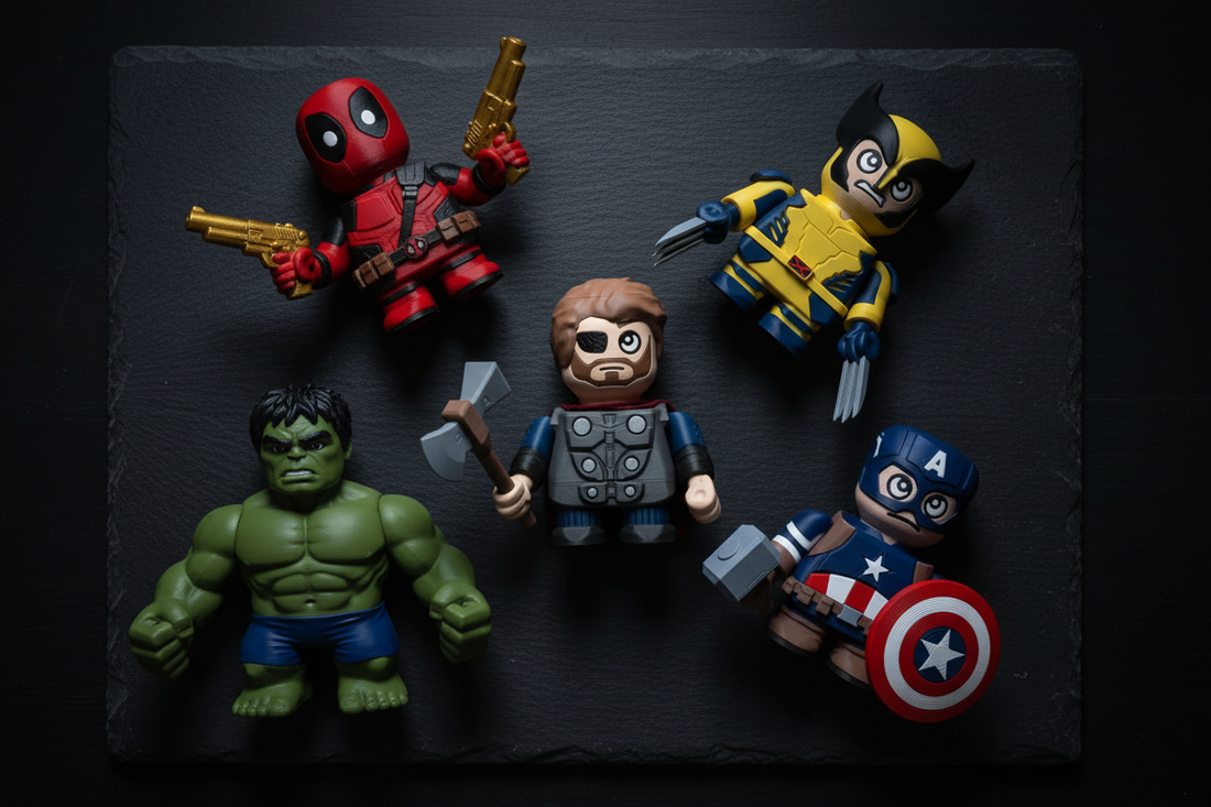 Chunky 3D printed Marvel superhero figurines including Deadpool, Hulk, Thor, Wolverine and Captain America, made to order in the UK by 3DCre8Design