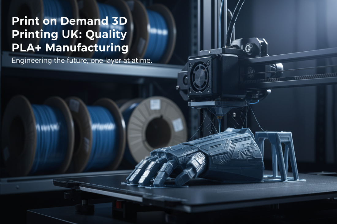 Professional 3D printer producing a detailed PLA+ prop component at the 3DCre8Design UK workshop