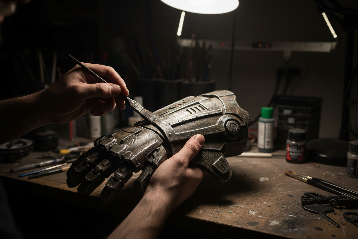 Weathered 3D printed prop kit showing dry brushing, wash, and chipping techniques — prop finishing guide by 3DCre8Design