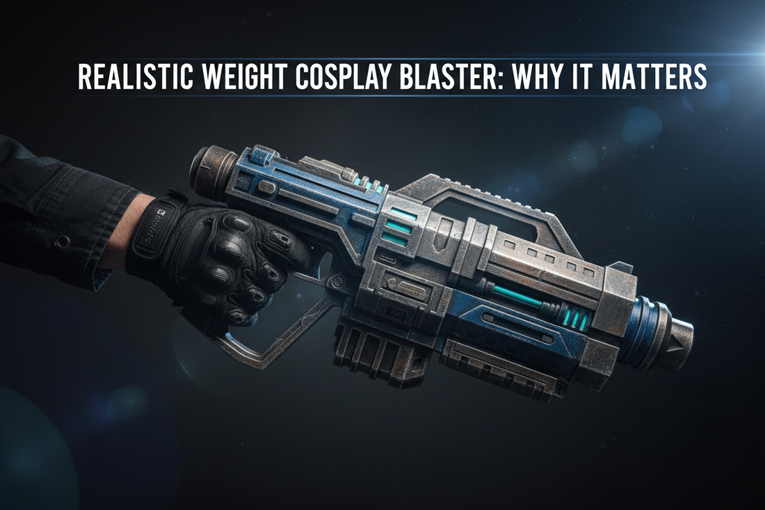 A finished 3D printed PLA+ cosplay blaster prop held in a gloved hand, showing realistic weight and premium build quality by 3DCre8Design