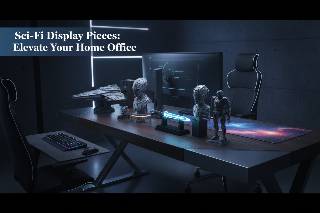 A styled home office desk featuring 3D printed sci-fi display pieces and collectibles by 3DCre8Design, with dramatic blue-gray lighting