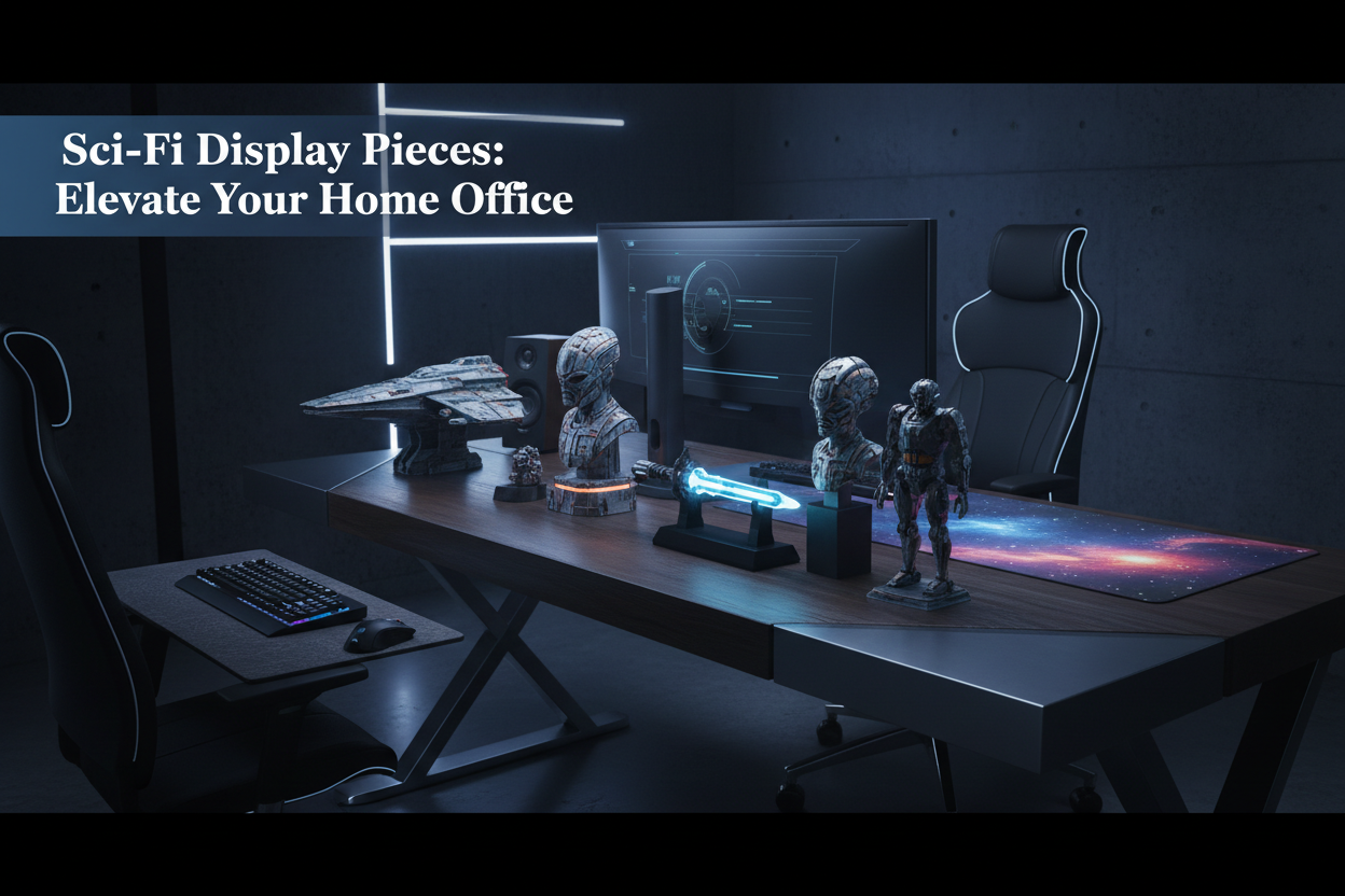 A styled home office desk featuring 3D printed sci-fi display pieces and collectibles by 3DCre8Design, with dramatic blue-gray lighting