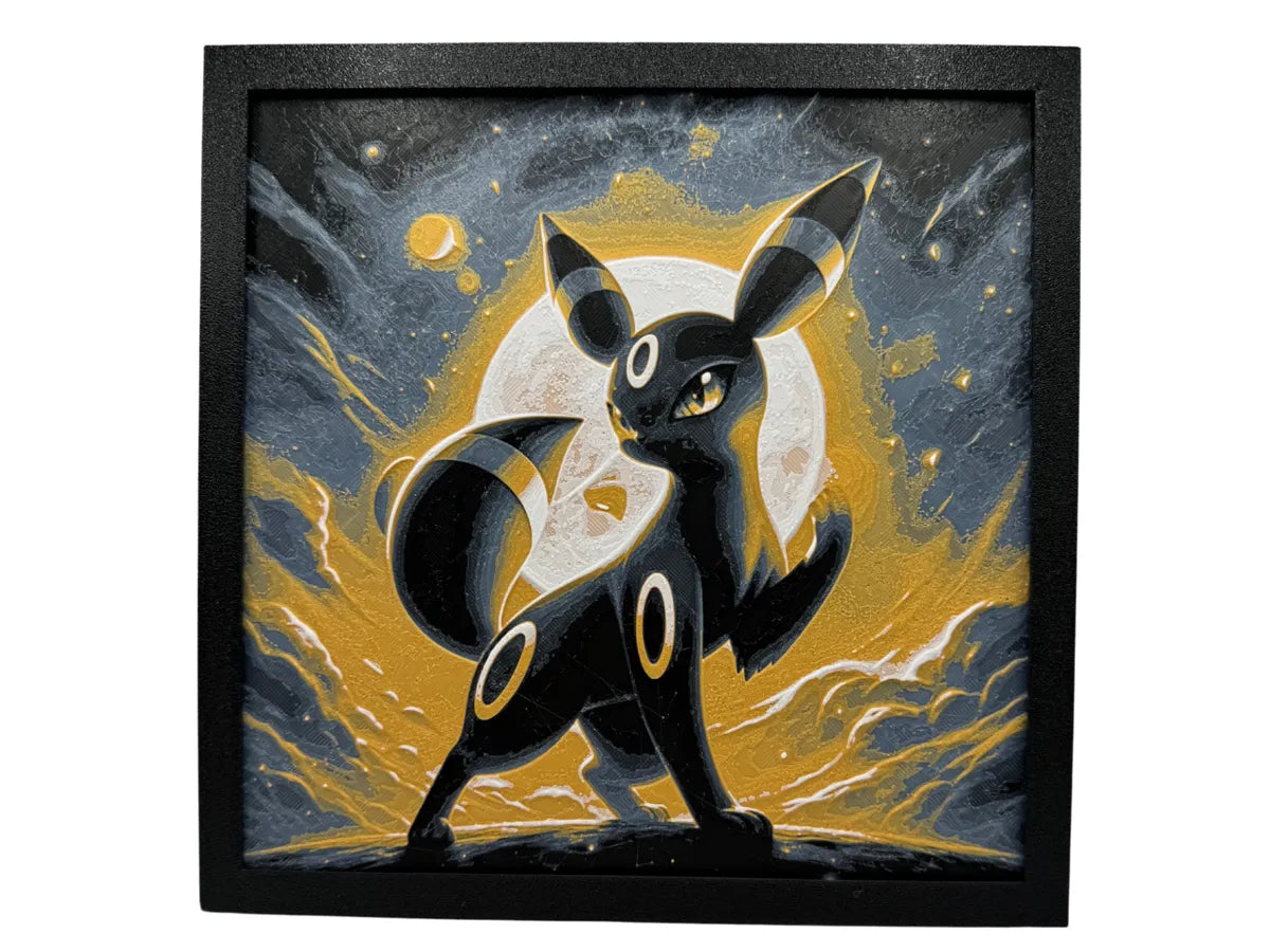 Umbreon Pokemon layered 3D printed Hueforge wall art panel in a black frame
