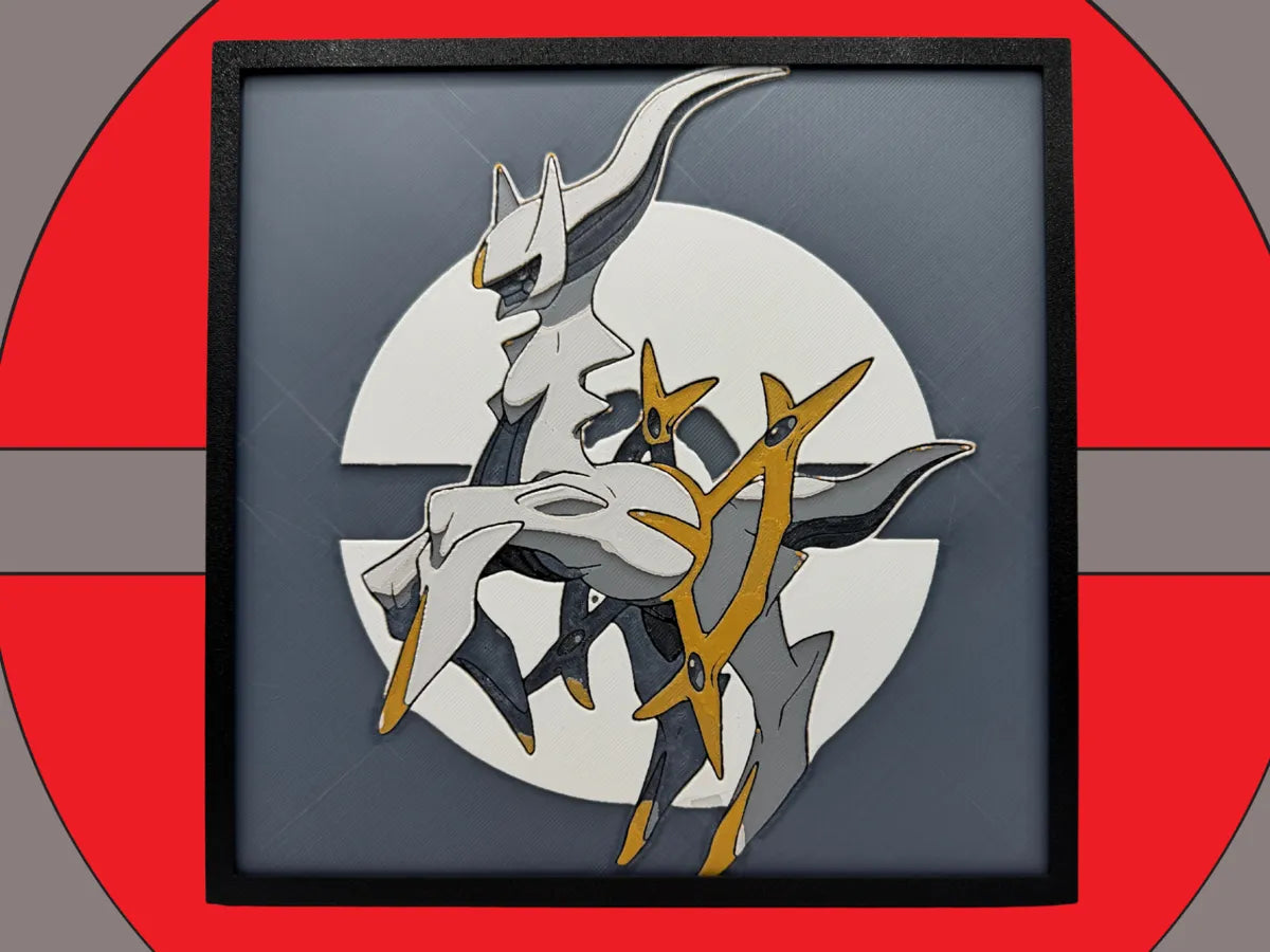 Arceus Pokemon layered 3D printed Hueforge wall art panel in a black frame