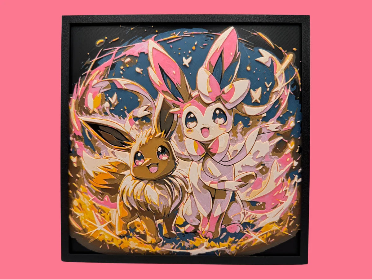 Eevee and Sylveon Pokemon layered 3D printed Hueforge wall art panel