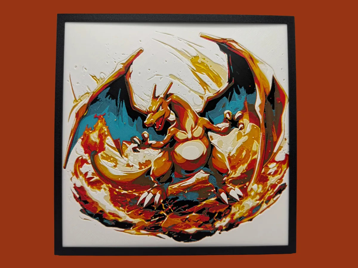 Charizard Pokemon layered 3D printed Hueforge wall art panel in a black frame