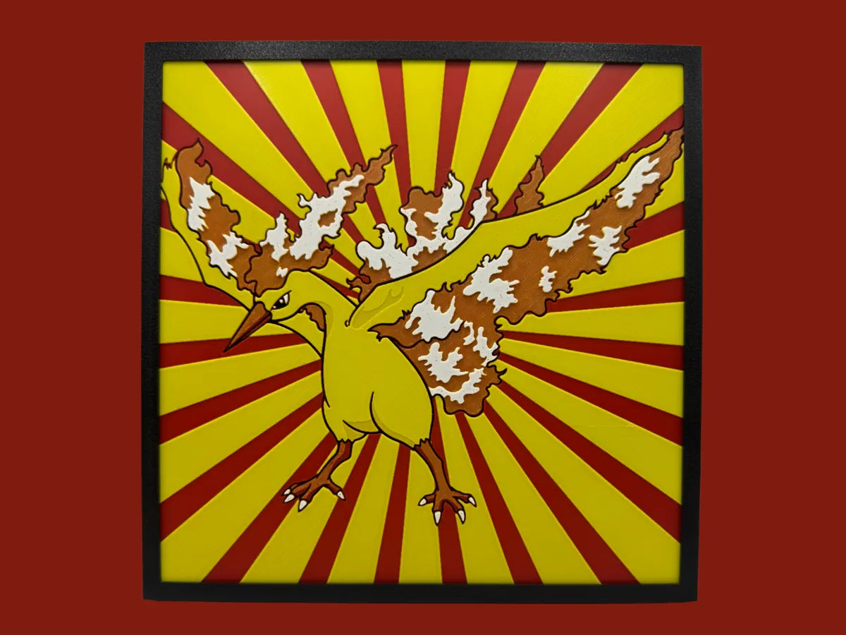 Moltres Pokemon layered 3D printed Hueforge wall art panel in a black frame