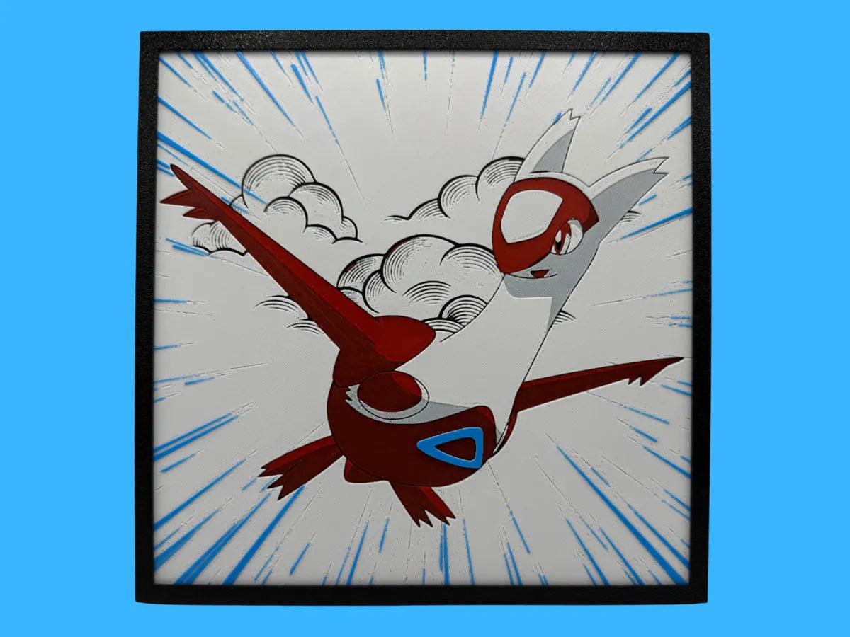 Latias Pokemon layered 3D printed Hueforge wall art panel in a black frame