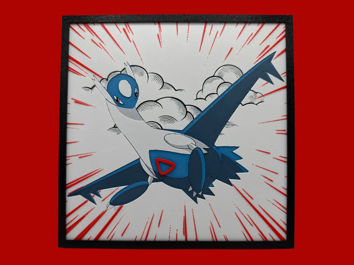 Latios Pokemon layered 3D printed Hueforge wall art panel in a black frame