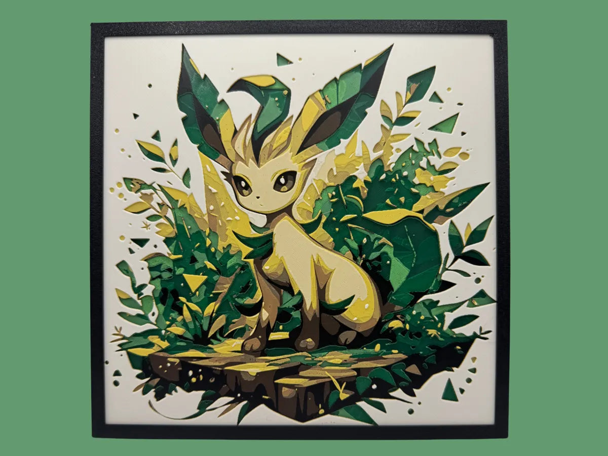 Leafeon Pokemon layered 3D printed Hueforge wall art panel in a black frame
