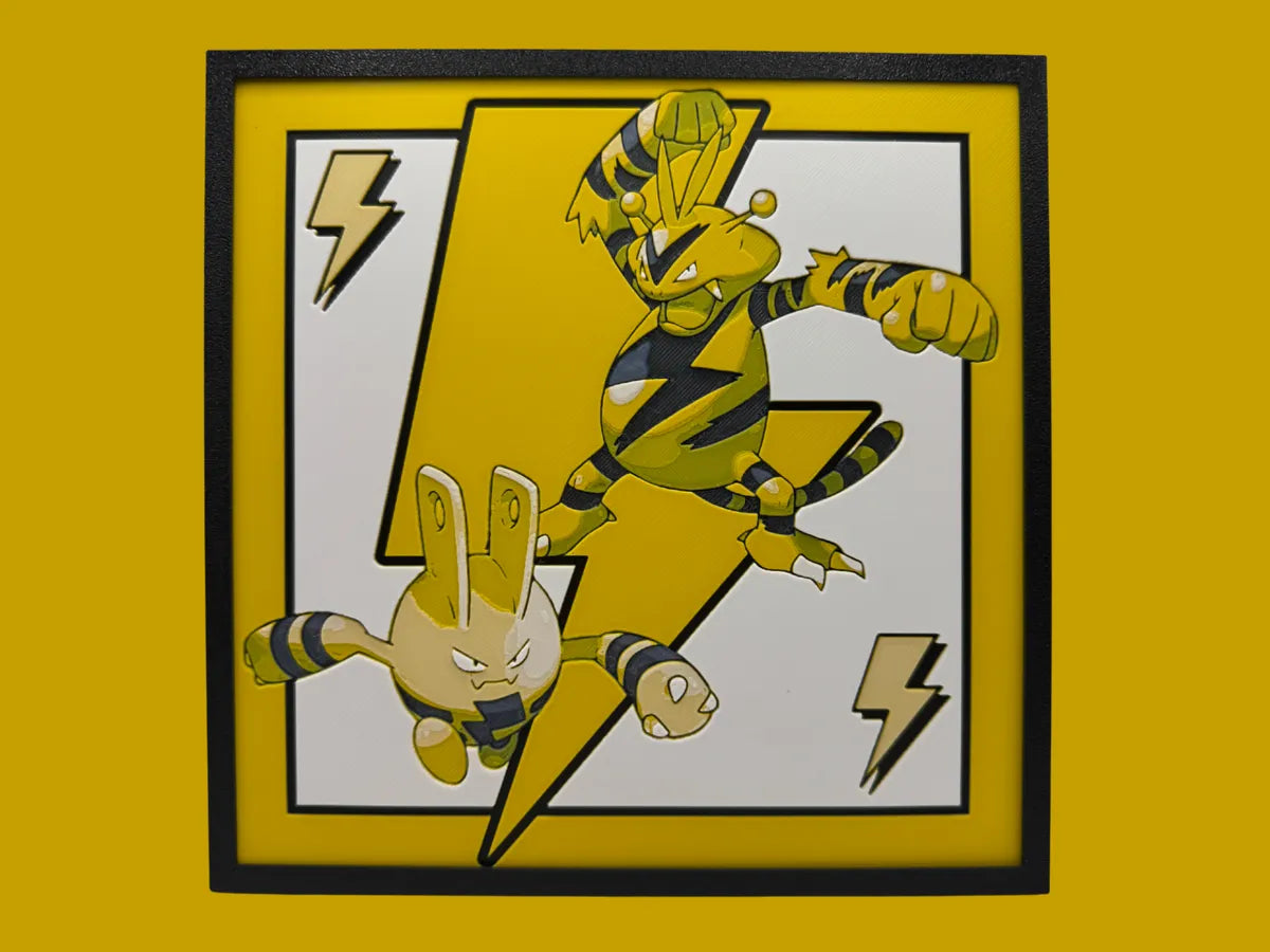 Elekid and Electabuzz Pokemon layered 3D printed Hueforge wall art panel