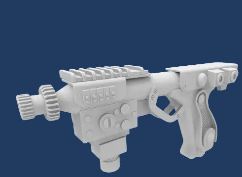 3D Printed model kit of blaster pistol model labelled 'DH-23 blaster pistol' 