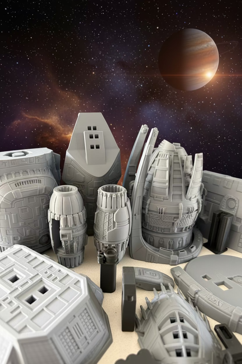 A collection of unpainted gray 3D-printed sci-fi model parts, including weapon housings, armor plating, and structural components, arranged on a light surface against a blue background.