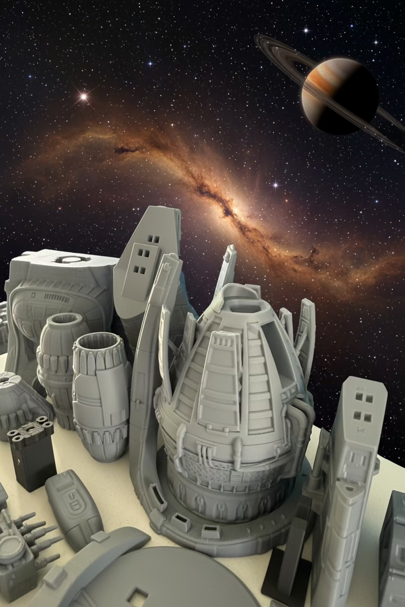 A collection of unpainted gray 3D-printed or molded sci-fi model parts, including a large central conical structure and several smaller cylindrical and panel components, arranged on a tabletop against a blue background.