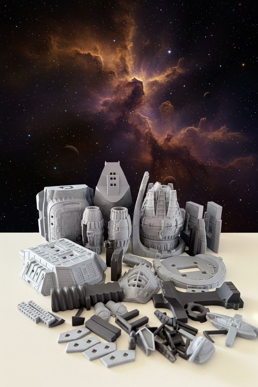 A collection of unpainted gray 3D-printed miniature terrain and sci-fi structure pieces arranged on a light surface in front of a blue box.