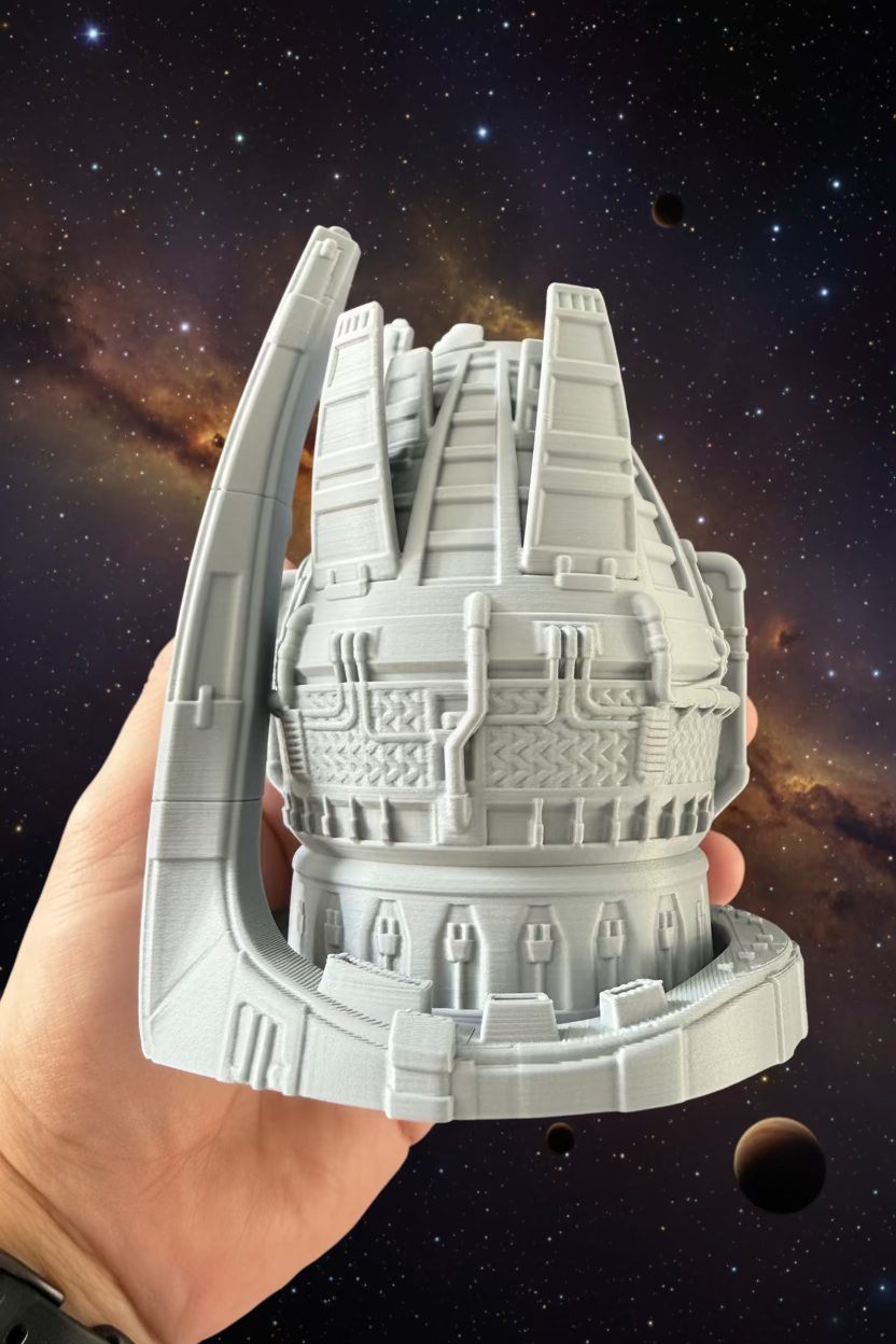 A hand holding a detailed gray 3D-printed sci-fi structure model, with other matching parts scattered on a white surface against a blue background.