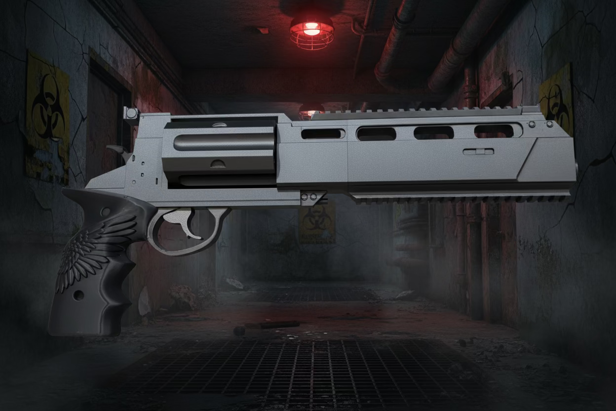 A black and metallic grey replica revolver pistol, costume prop, shown from a top-down angle on a light beige surface. Leon's Magnum Revolver – Resident Evil Requiem Prop Kit
