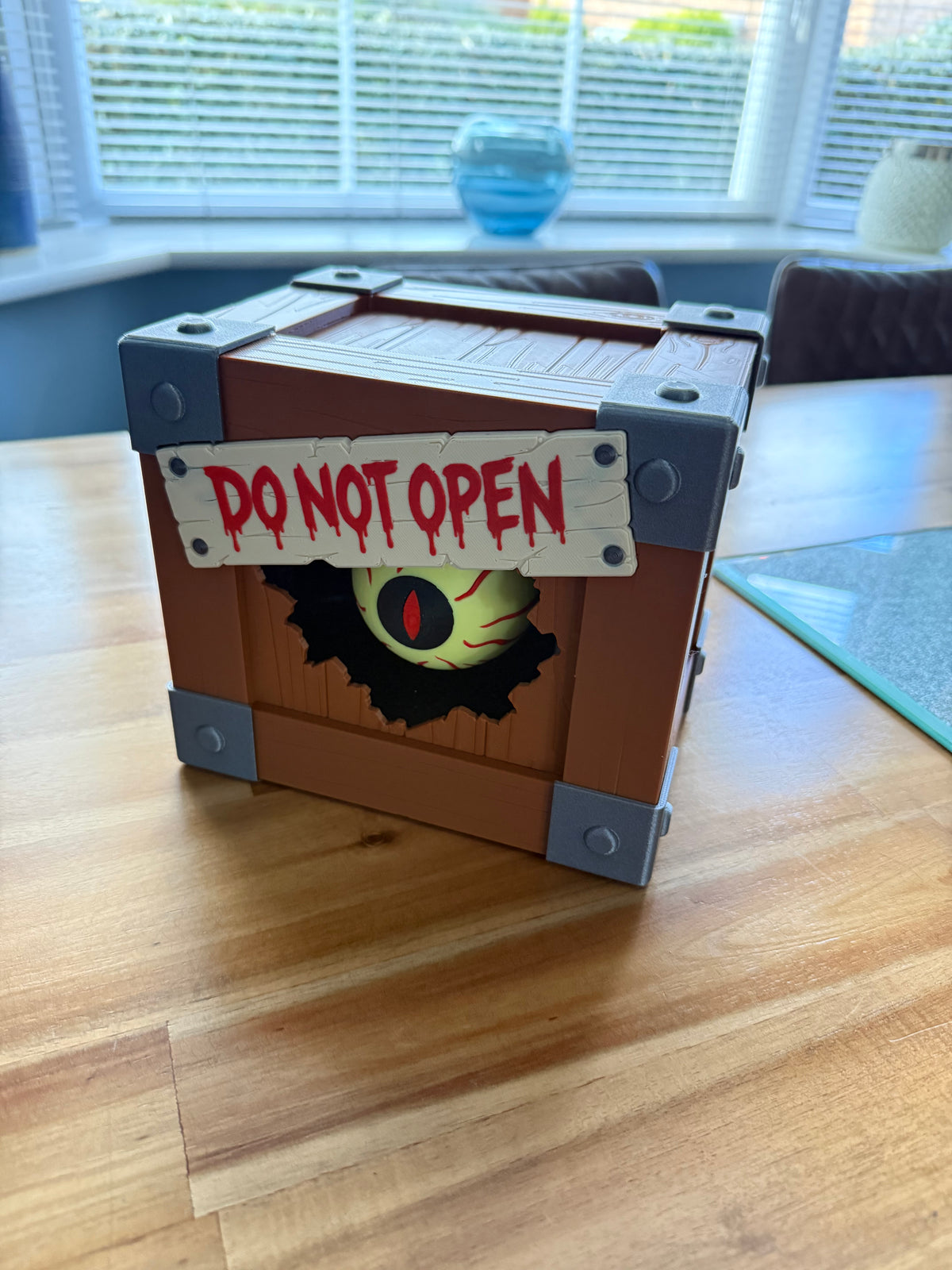 Spooky DO NOT OPEN Halloween box, close-up detail shot
