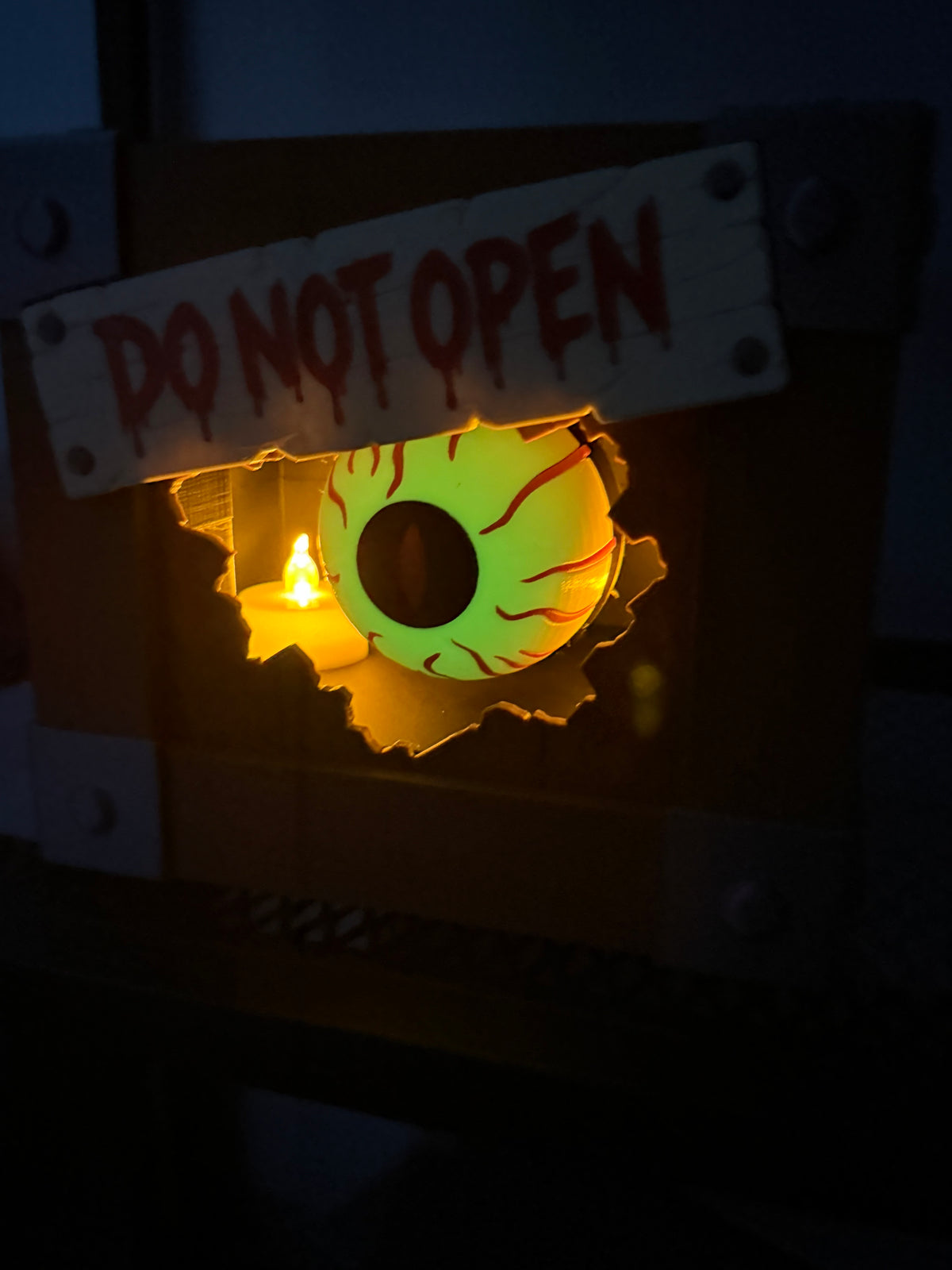 Spooky DO NOT OPEN Halloween box, angled view showing box detail