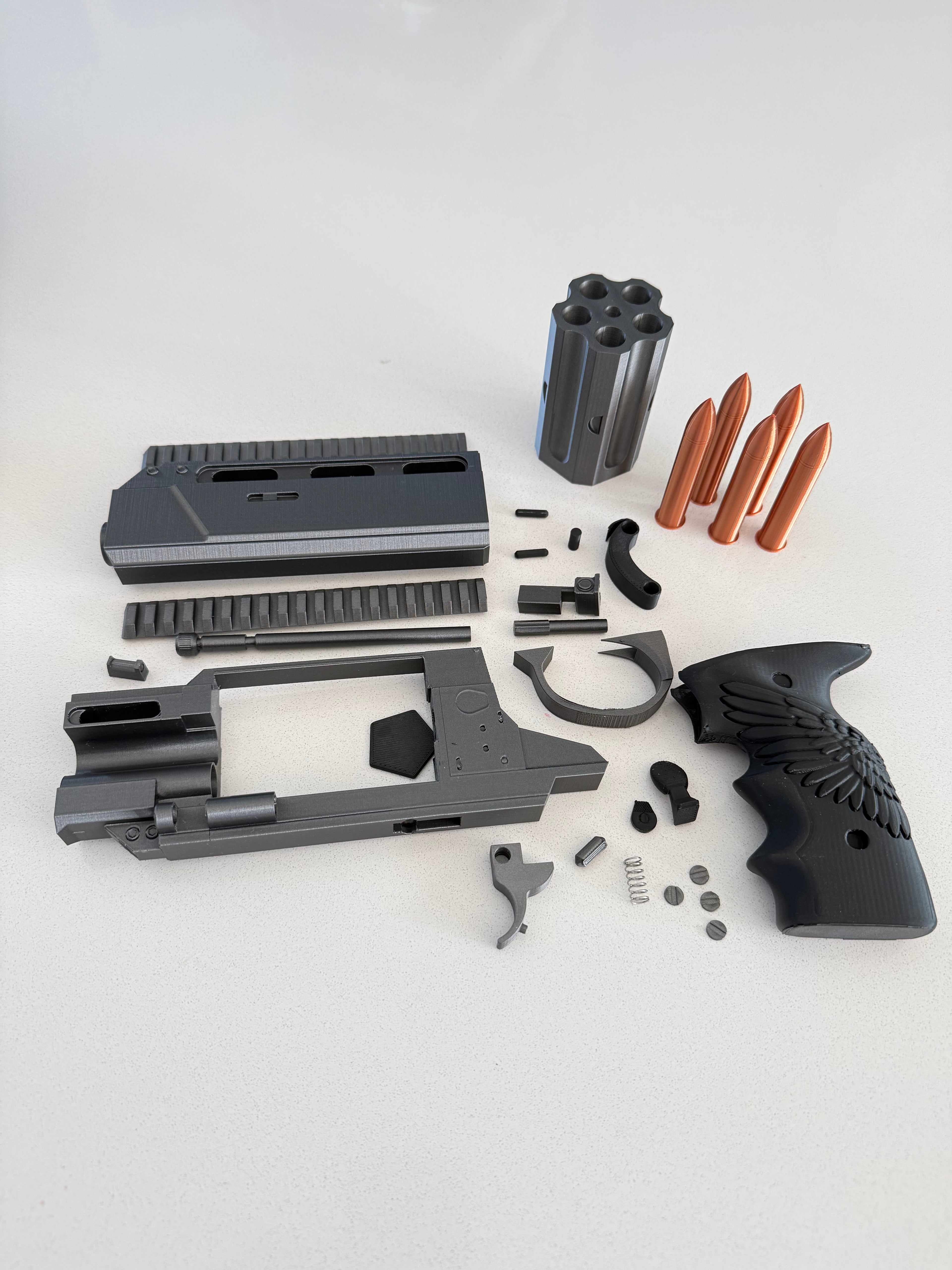 Leon's Magnum Revolver prop kit – close-up detail of barrel and frame, physical print | 3DCre8Design