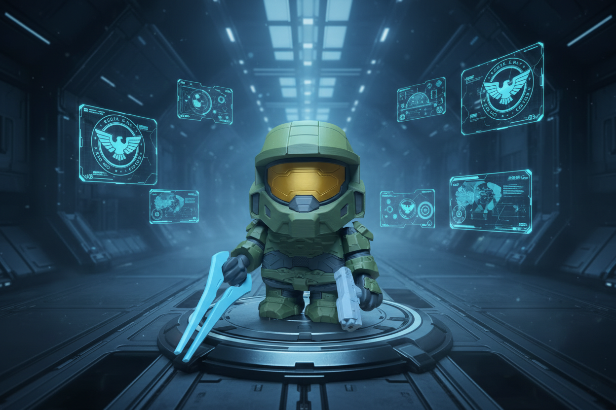 Toy figure of a character in green armour with a helmet, holding blue and grey weapons 