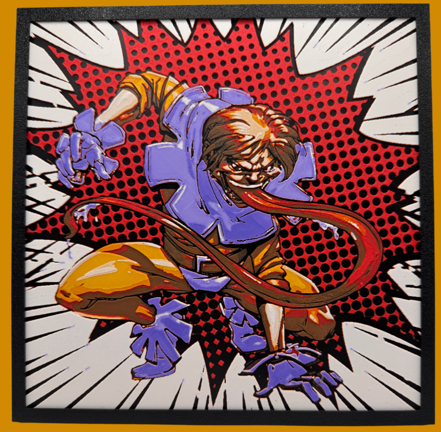 Comic-style illustration of a character with a snake-like creature on a red and white background