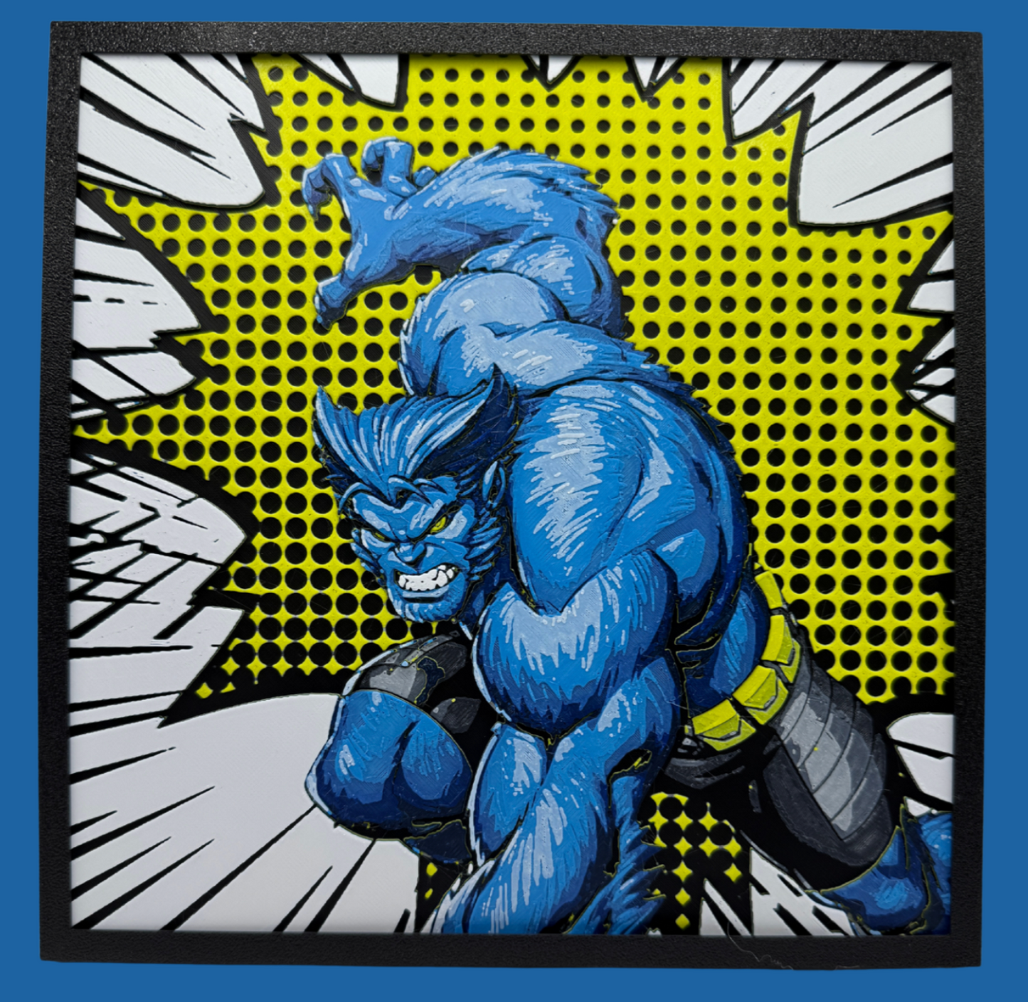 Beast superhero character in a dynamic pose with comic book style background