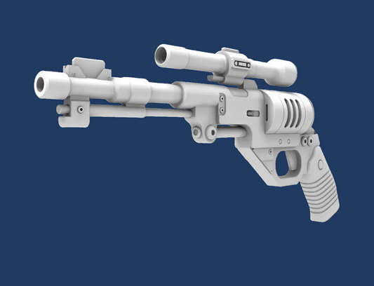 DE-10 Blaster pistol model on a blue  background