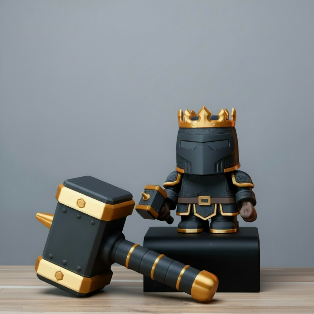 Toy figure with a crown and hammer on a dark background
