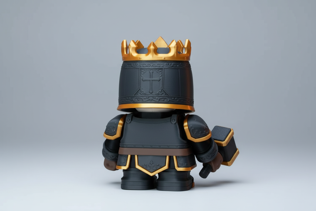 Toy figure in black armor with gold accents and a crown on a dark background