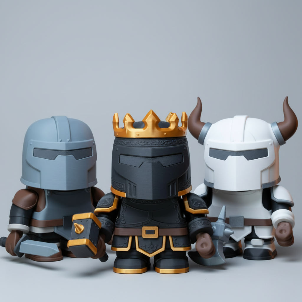 Three toy figures with helmets and armor on a wooden surface, with text 'Complete the set!' above.