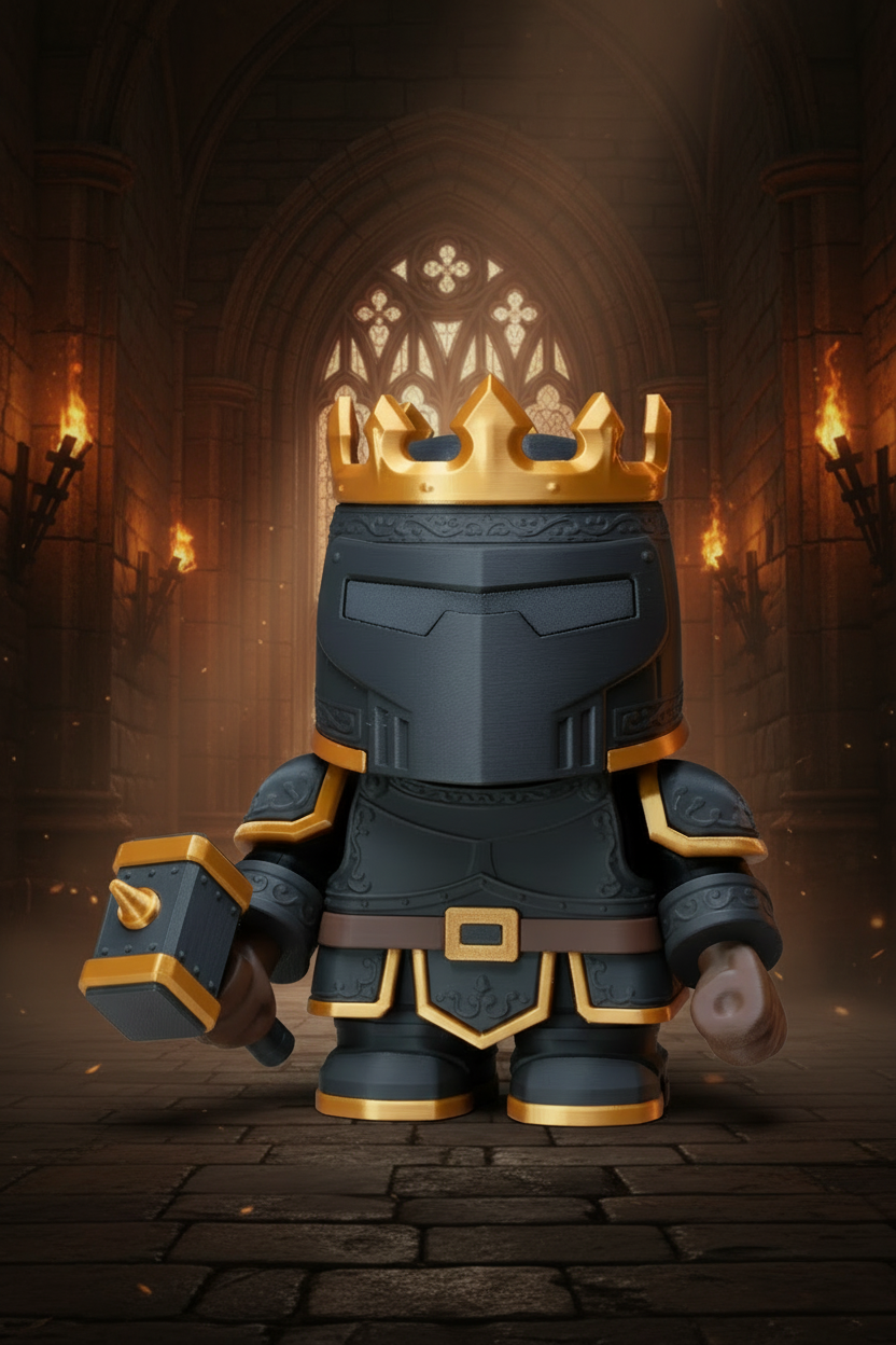 Toy figure with a crown and armour on a white surface and light background
