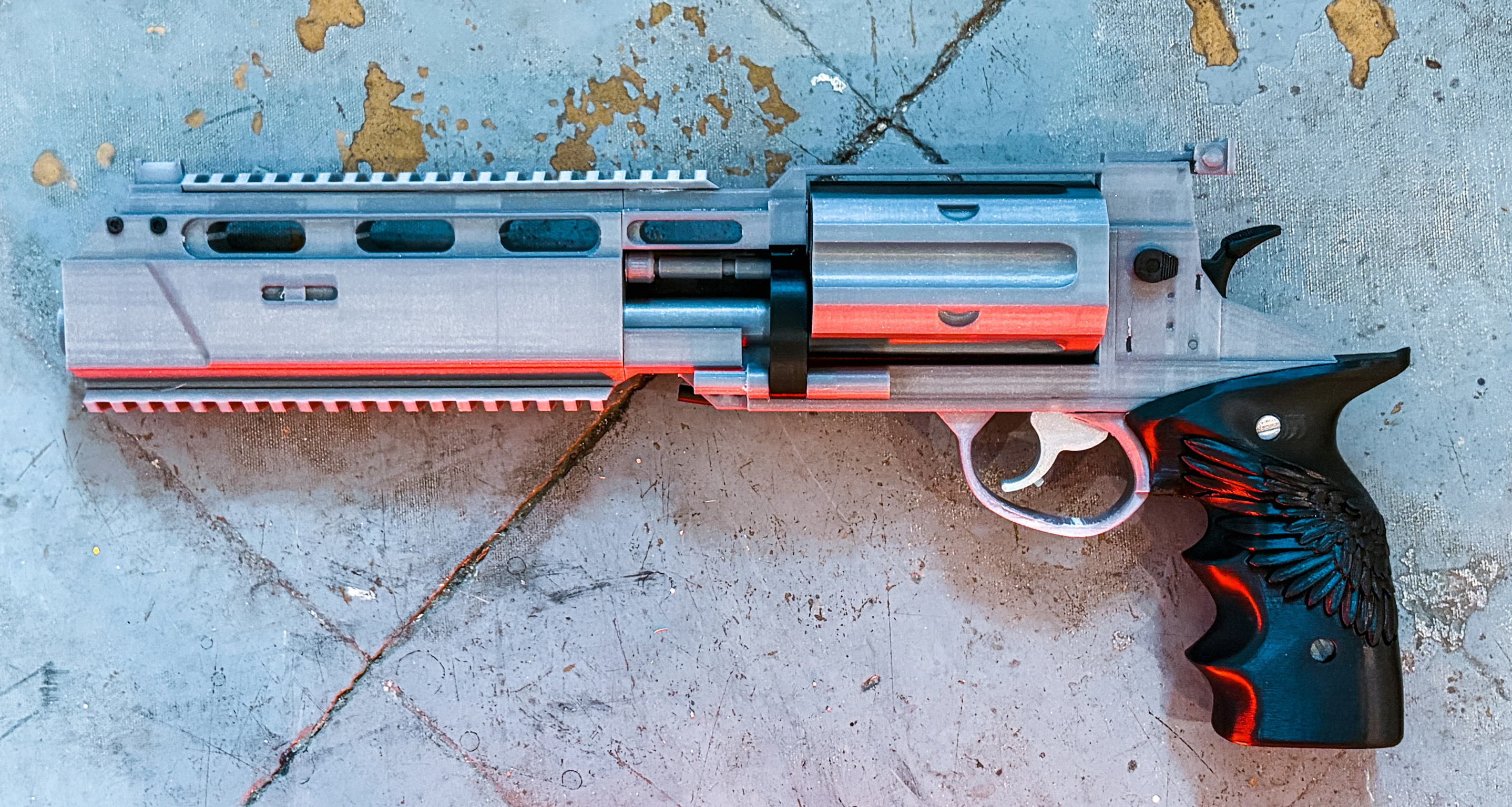 Leon's Magnum Revolver 3D printed prop – full side profile render with surface detail | 3DCre8Design