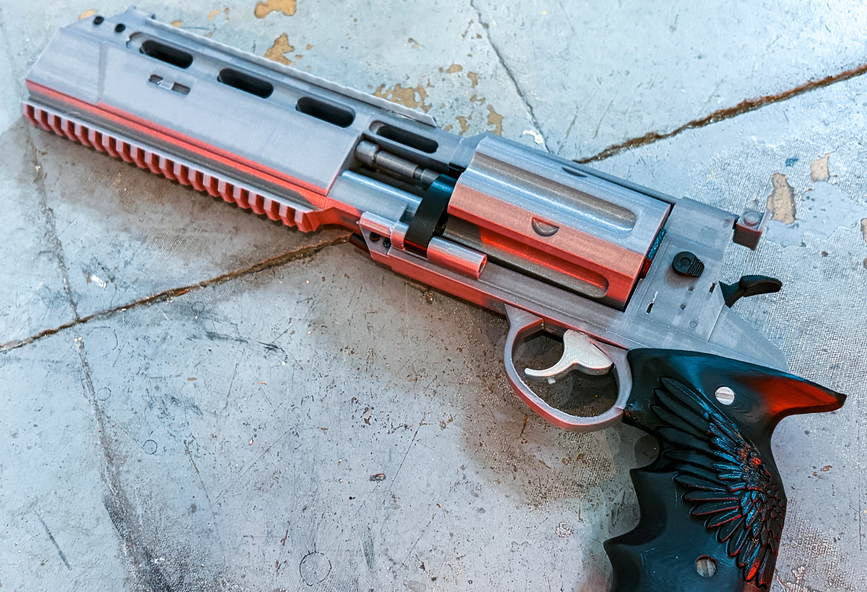 Leon's Magnum Revolver 3D printed prop – full side profile render with surface detail | 3DCre8Design
