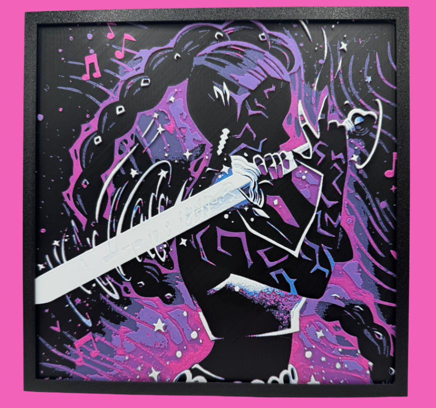 KPOP Silhouette Collection HueForge wall art print, purple and pink silhouette holding a sword