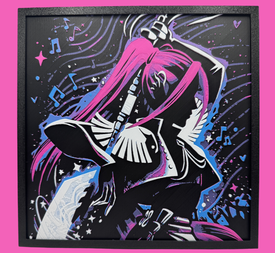 KPOP Silhouette Collection HueForge wall art print, pink and blue silhouette holding a sword