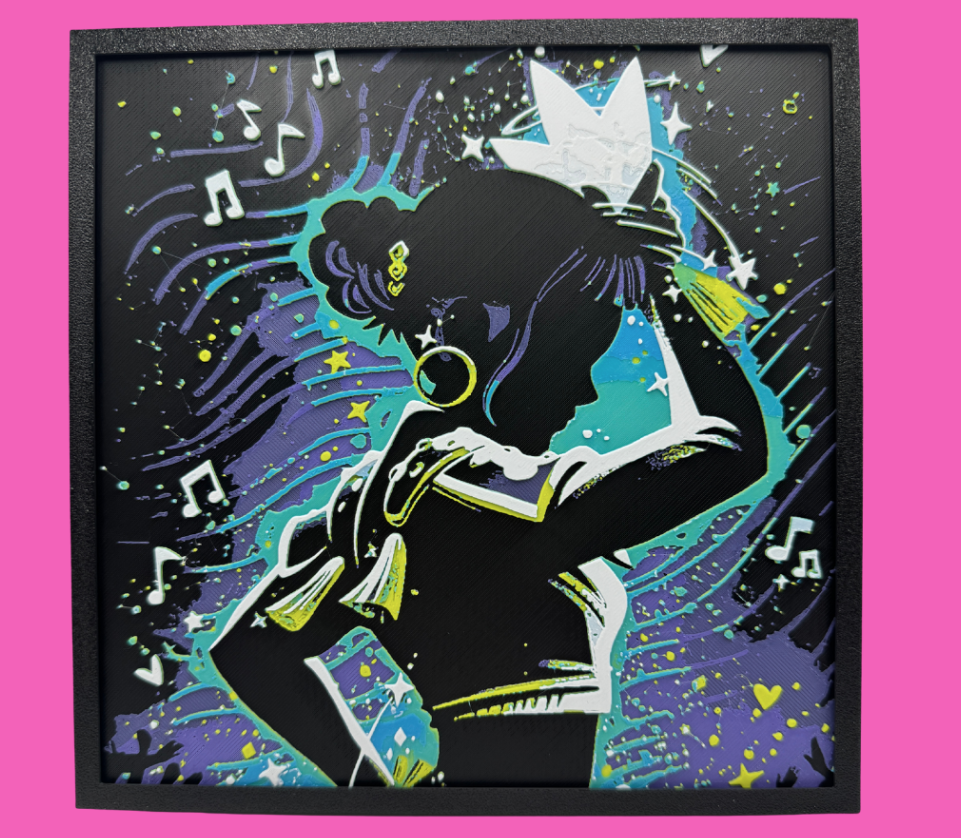 KPOP Silhouette Collection HueForge wall art print, teal silhouette holding an instrument